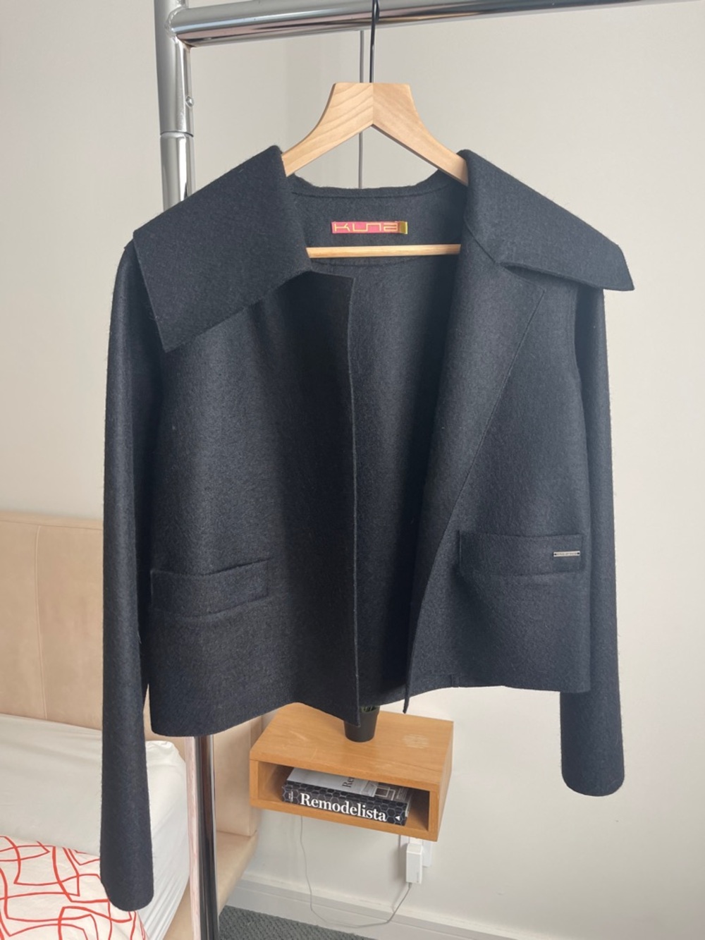 KUNA Black Alpaca Wool Blend Cropped Blazer with Wide Collar